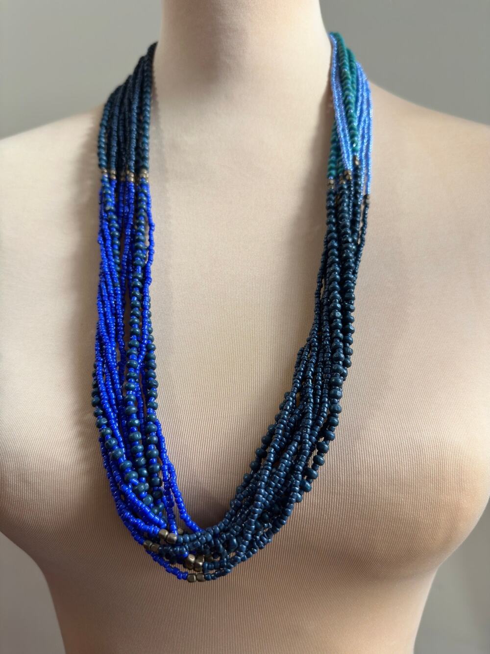 Vintage Multi stand Blue Beaded Necklace Boho Statement Seed Layered Long